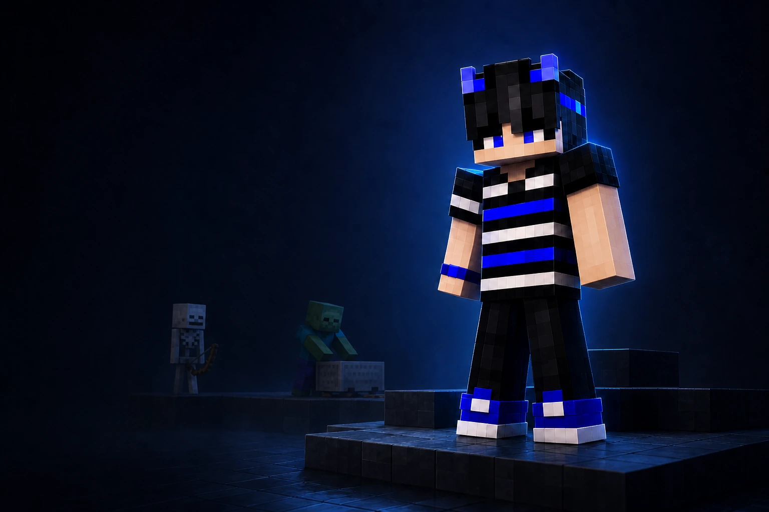 Cinematic render of the AdilGamez Minecraft skin with a distant skeleton and zombie